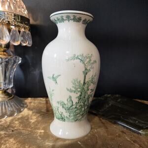 Vintage K's Collection Porcelain Vase Toile Cream Green Rooster & Bird Design